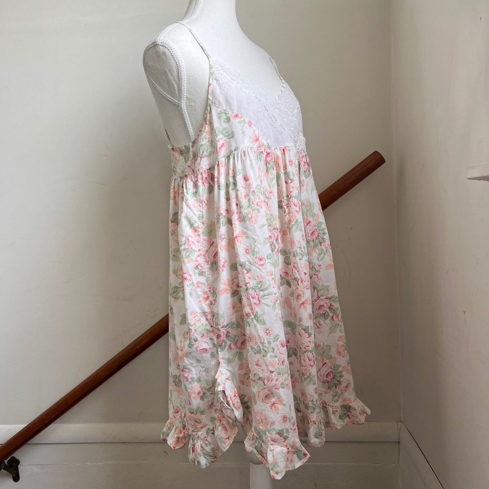 Vintage Floral Cotton Babydoll Dress Ruffle Oversized Nightgown Lace Empire Doll - Picture 2 of 6